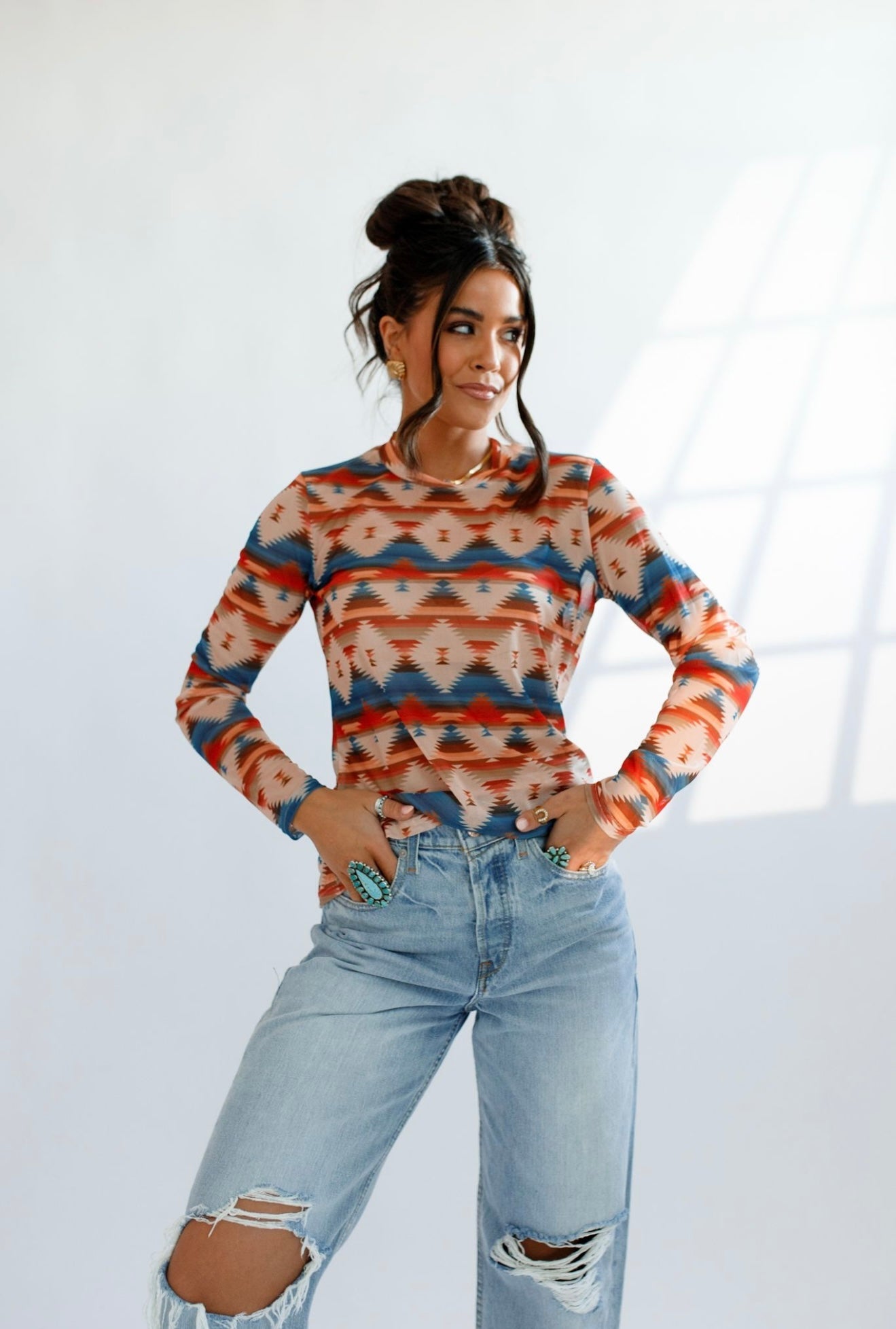 Kids Aztec Sheer Mock Neck Top