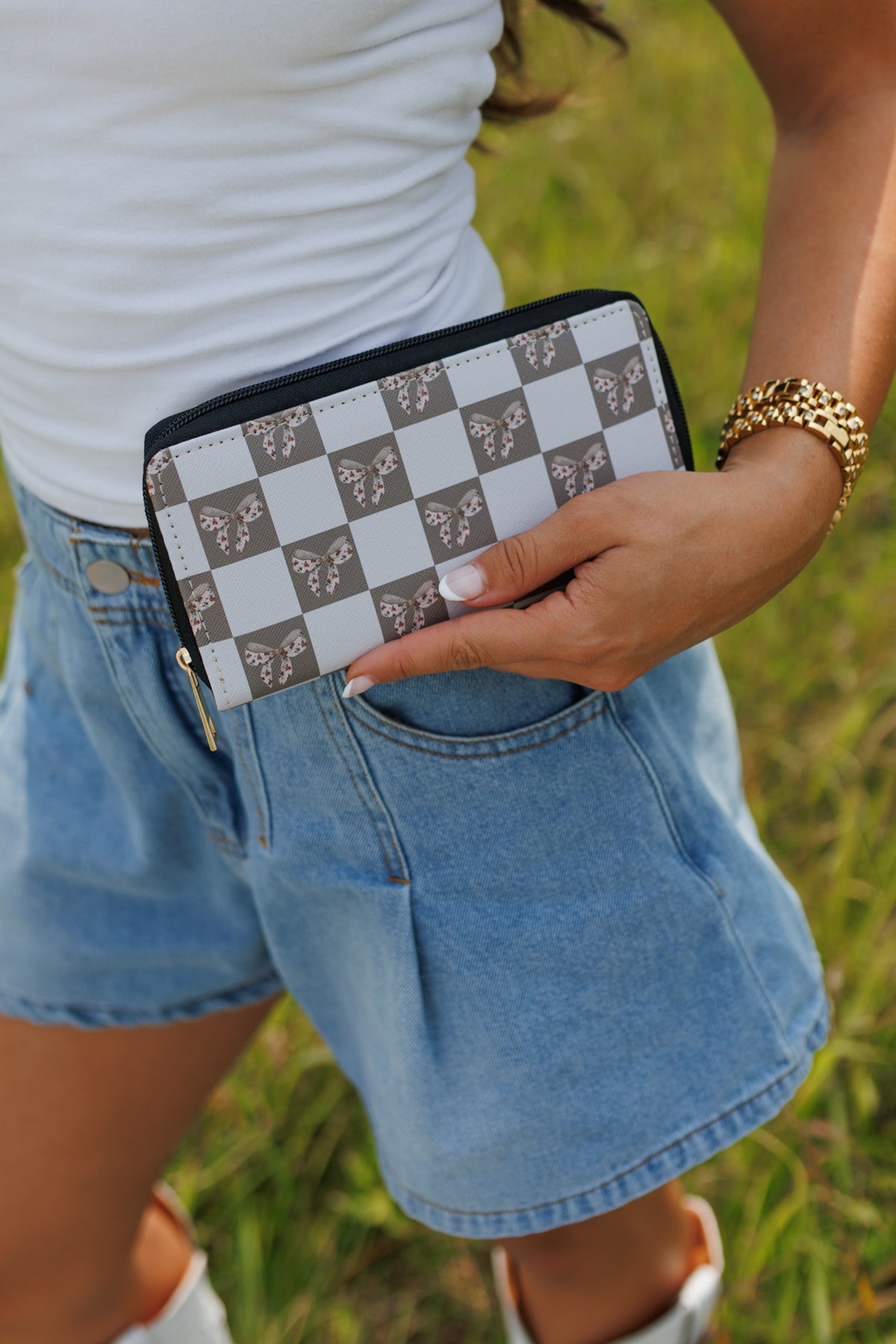 Beige Bow Checkerboard Wallet