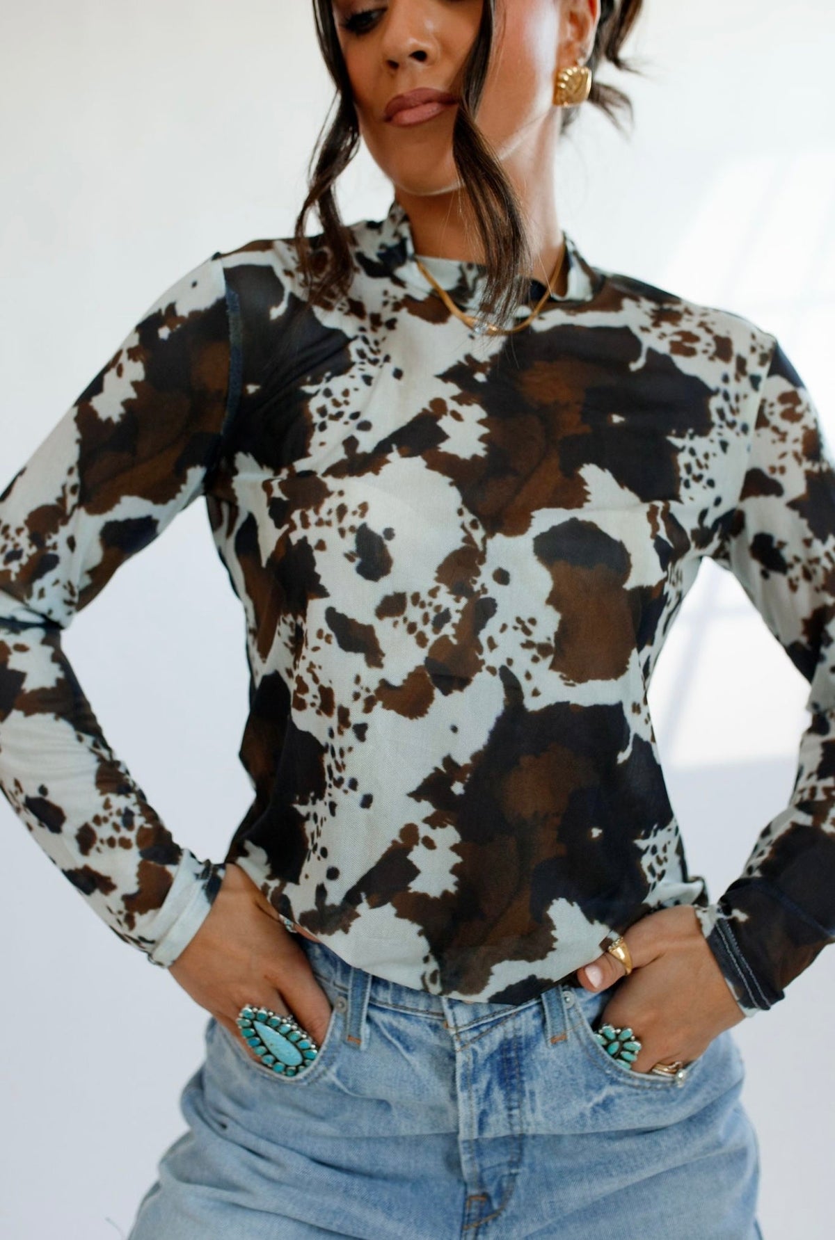 Kids Brown Cowhide Sheer Mock Neck Top