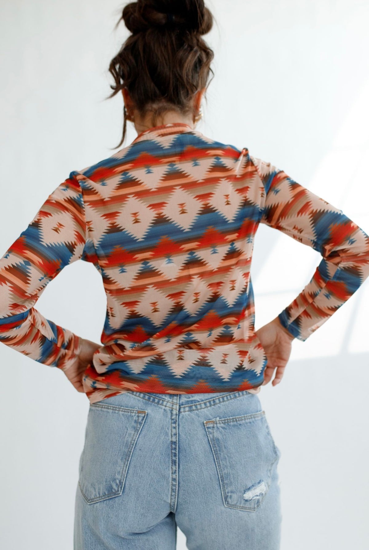 Aztec Sheer Mock Neck Top