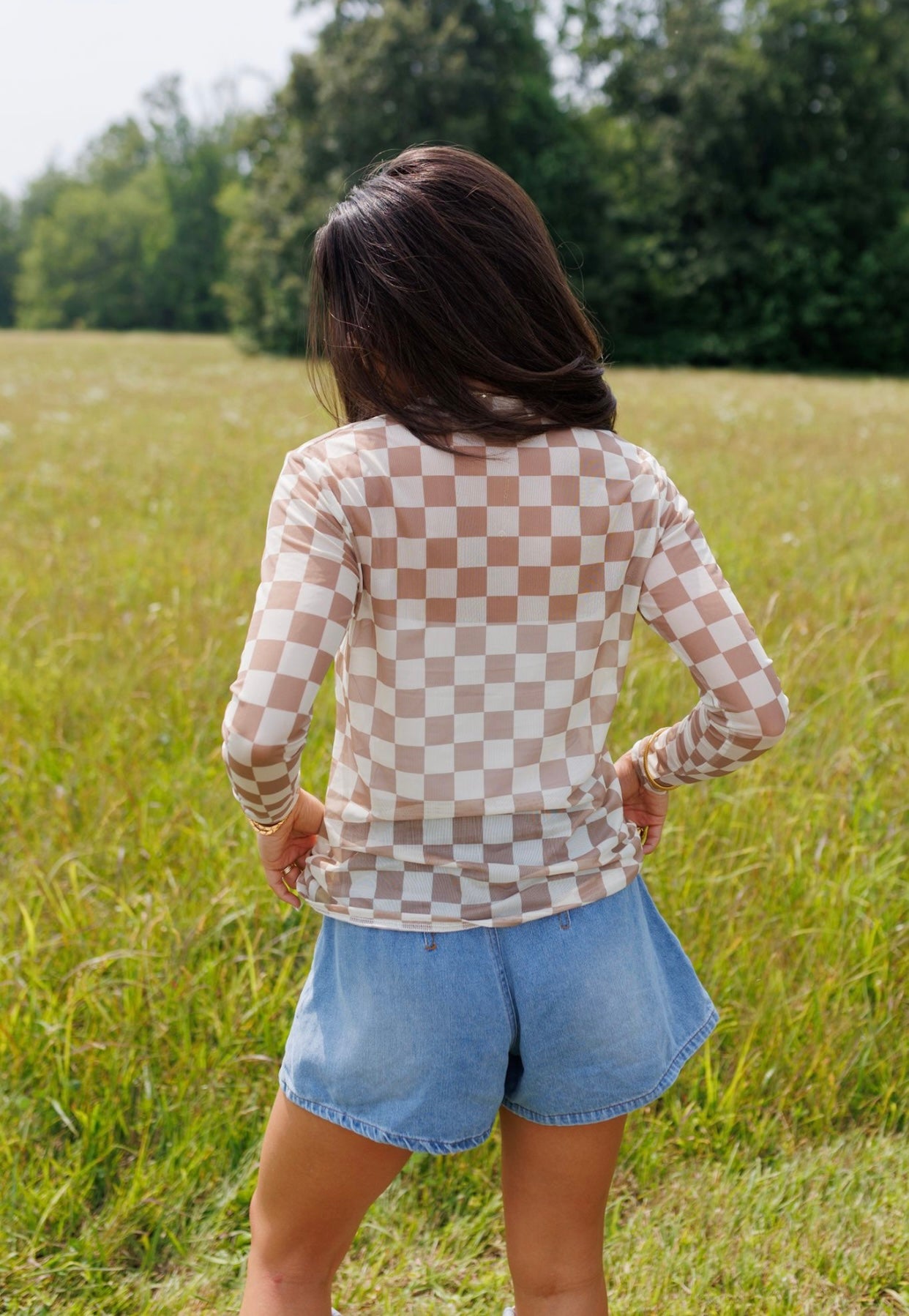 Kids Tan And Cream Checkerboard Sheer Mock Neck Top