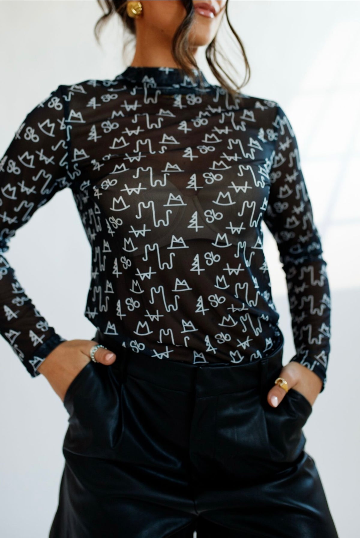 Black Brand Sheer Mock Neck Top