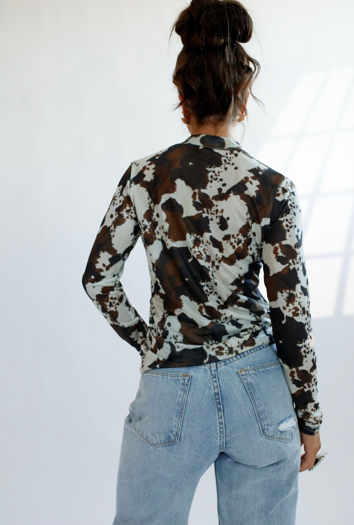 Kids Brown Cowhide Sheer Mock Neck Top