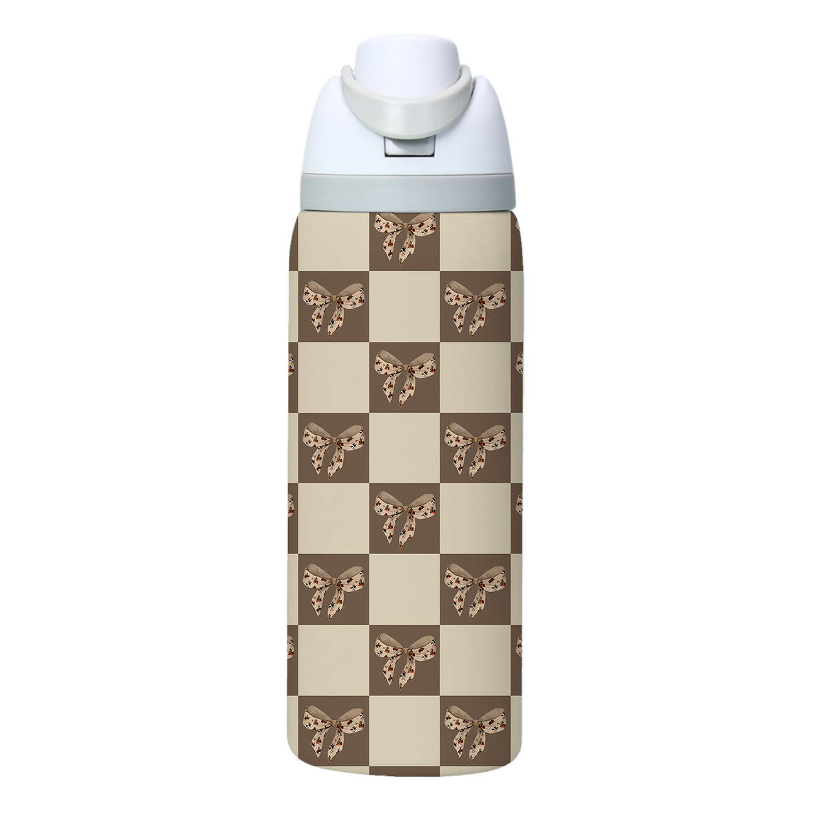 Beige Bow Checkerboard Stainless Steel Water Bottle