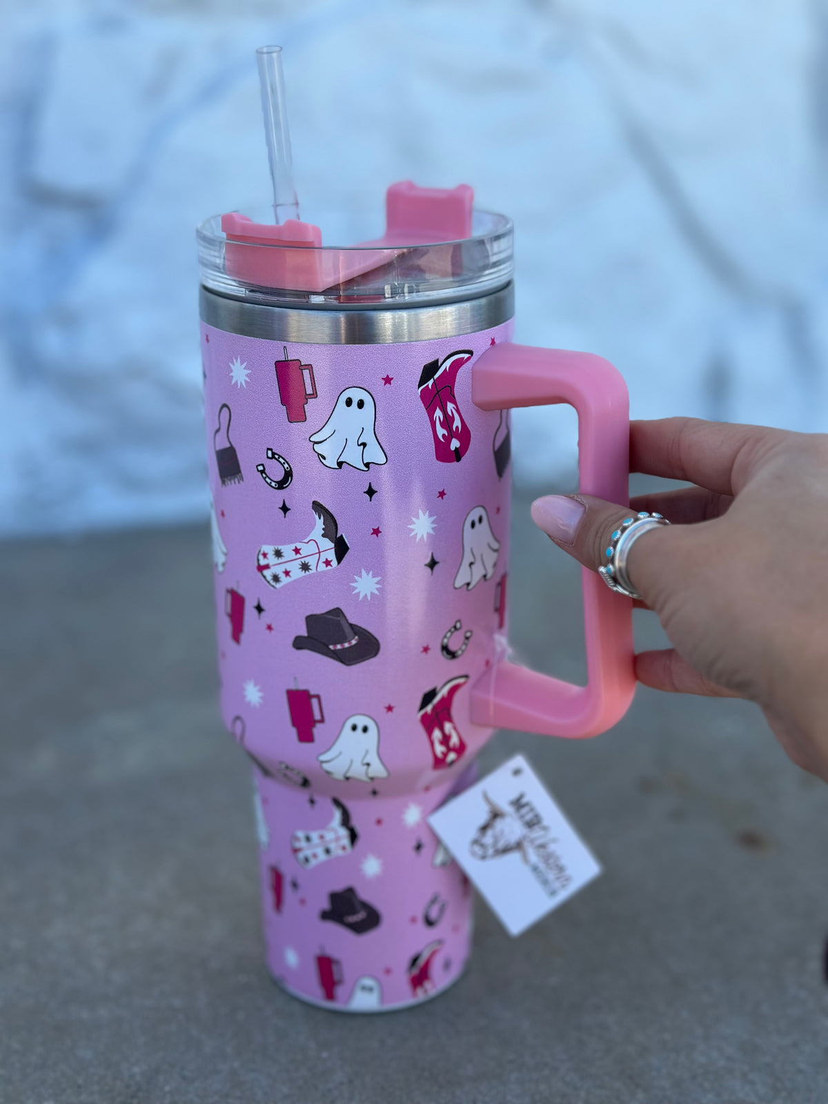 Pink Ghost Tumbler with Handle
