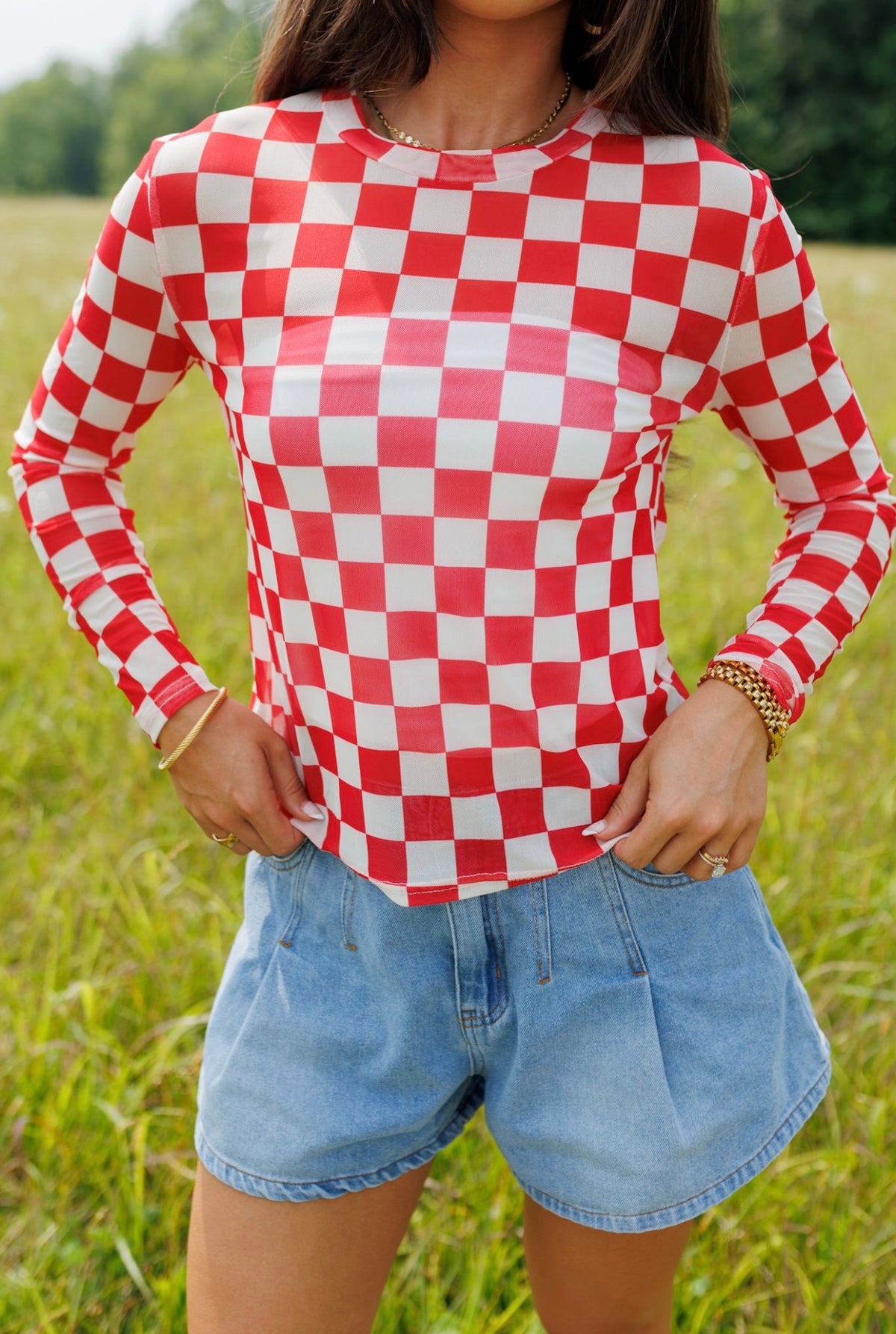 Kids Red Checkerboard Mesh Top