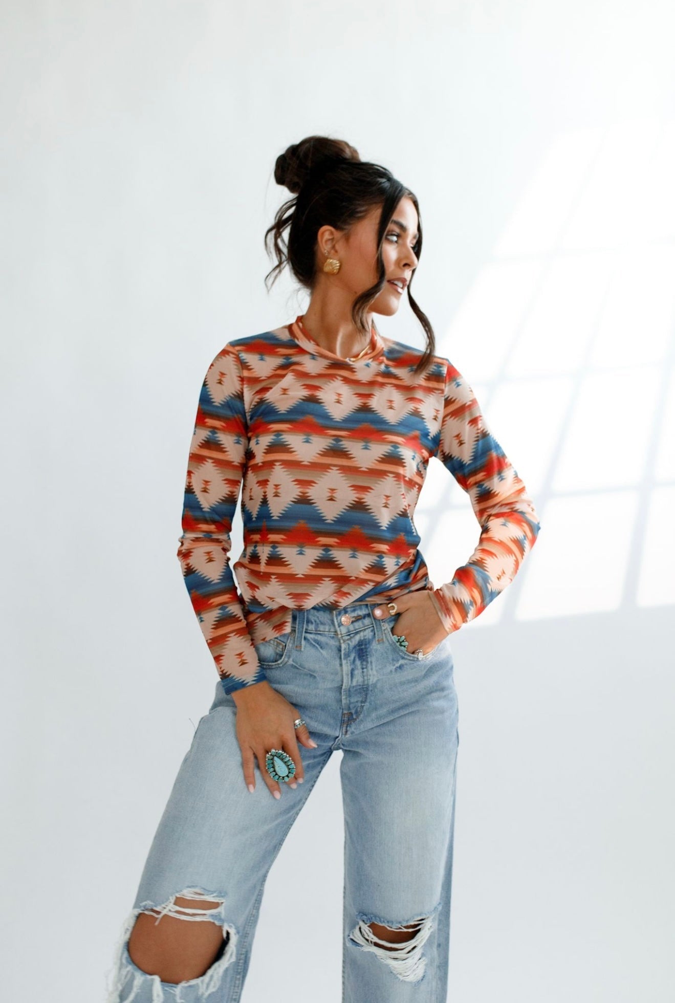 Kids Aztec Sheer Mock Neck Top