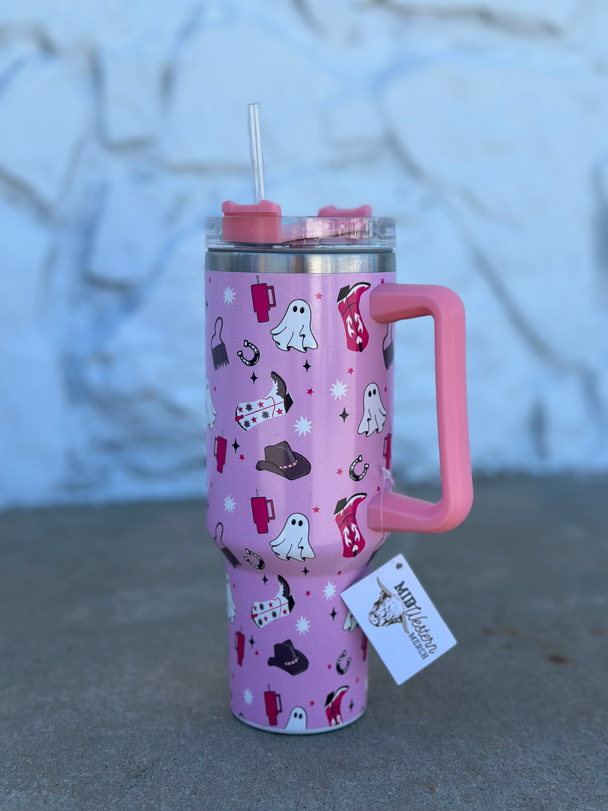Pink Ghost Tumbler with Handle