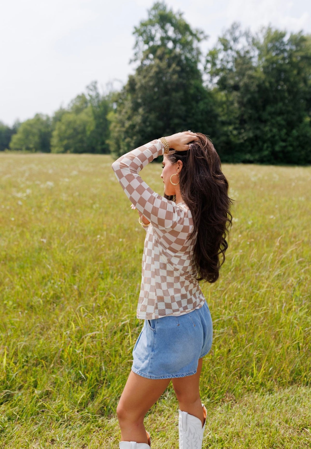 Kids Tan And Cream Checkerboard Sheer Mock Neck Top