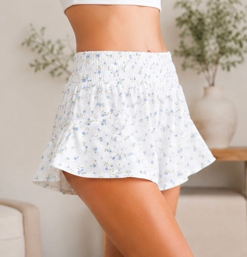 Blue Floral Flared Shorts