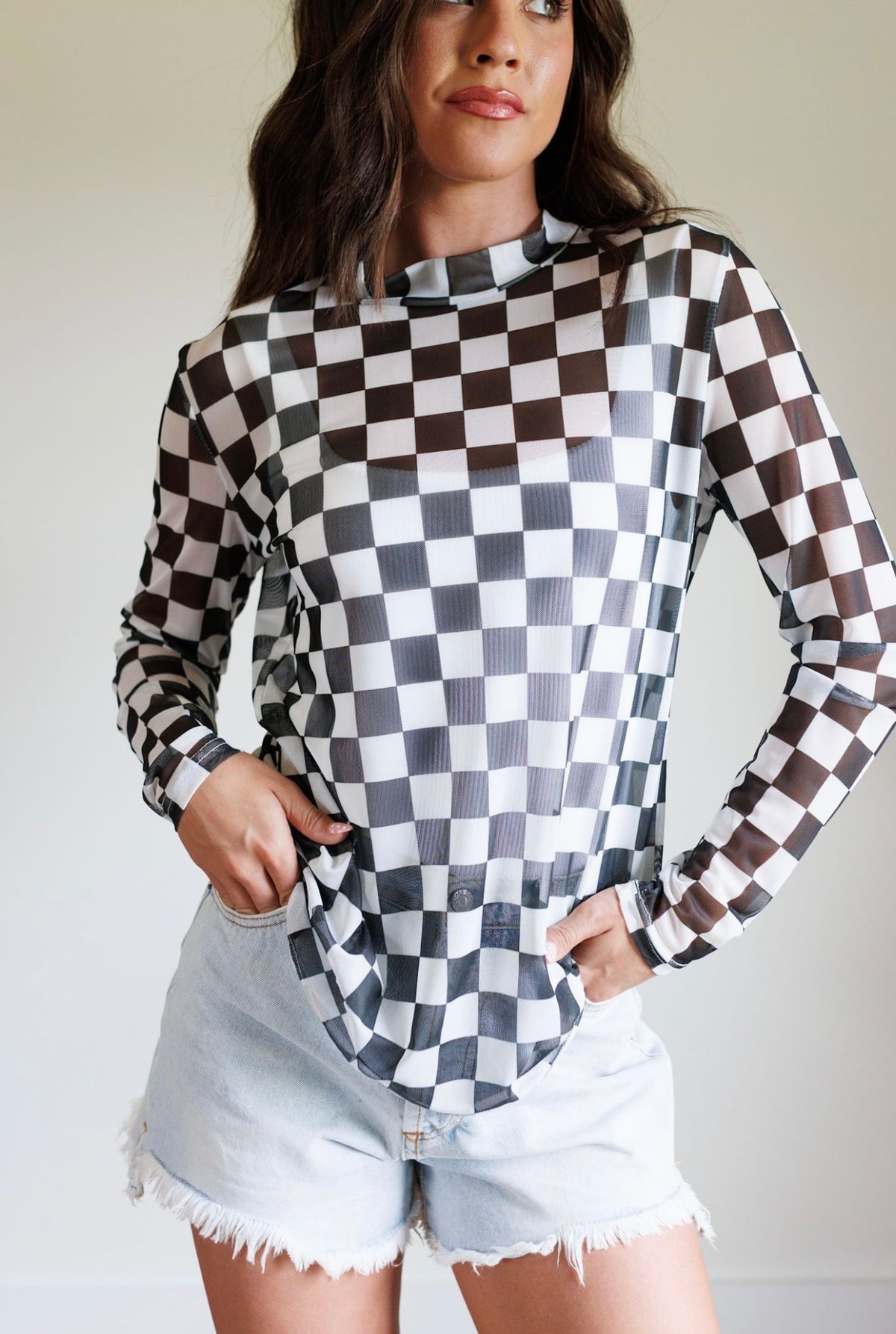 Kids Black Checkerboard Mesh Top