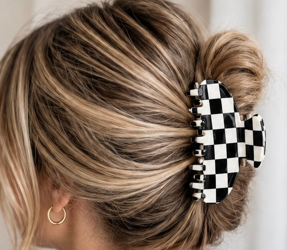 Black and White Checkerboard Claw Clip