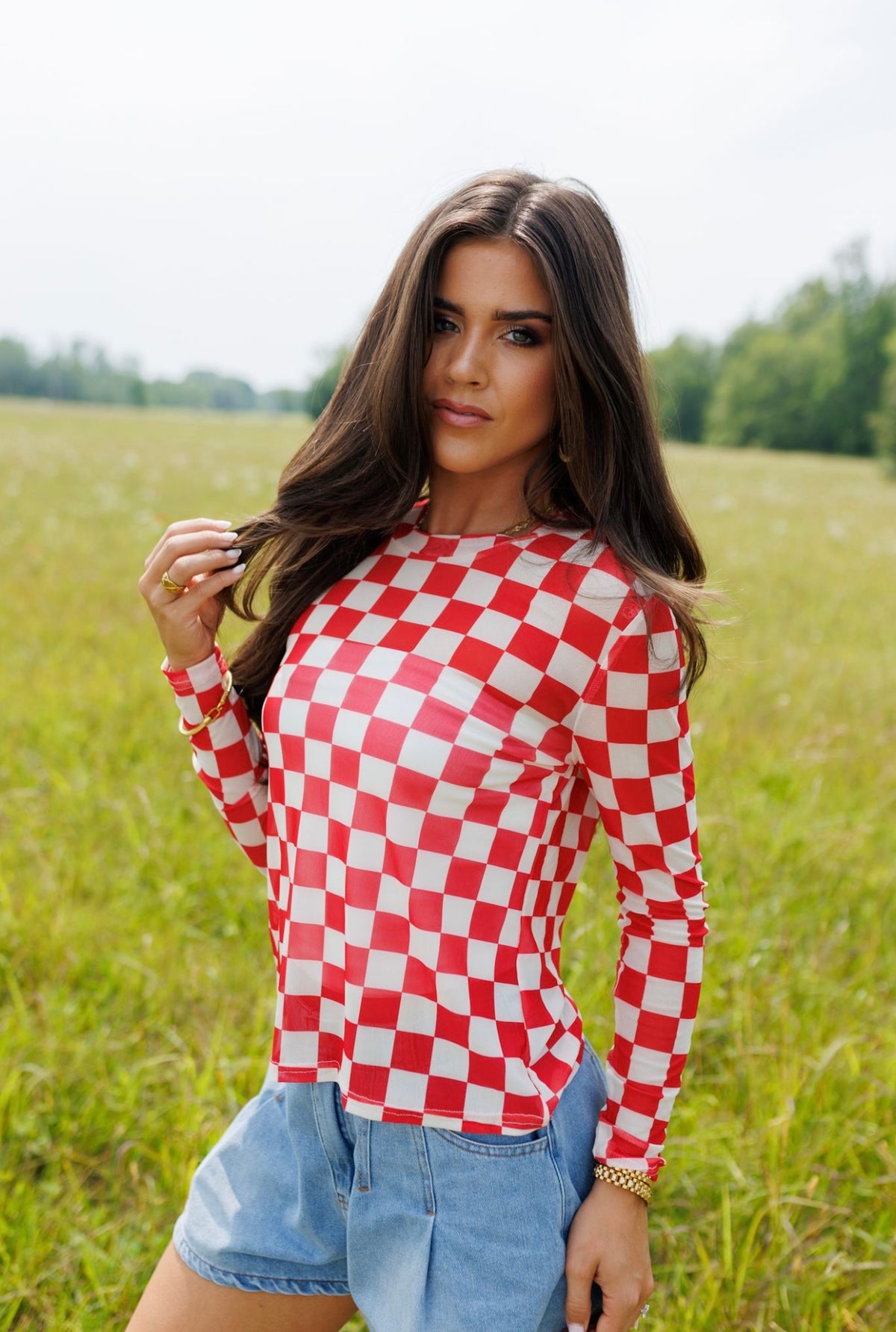 Kids Red Checkerboard Mesh Top