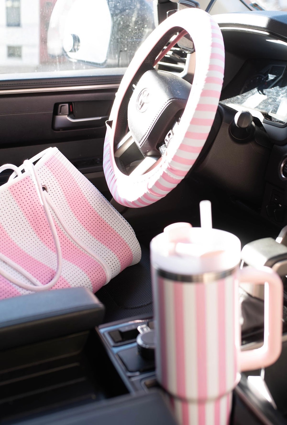 Pink Striped Tumbler with Handle