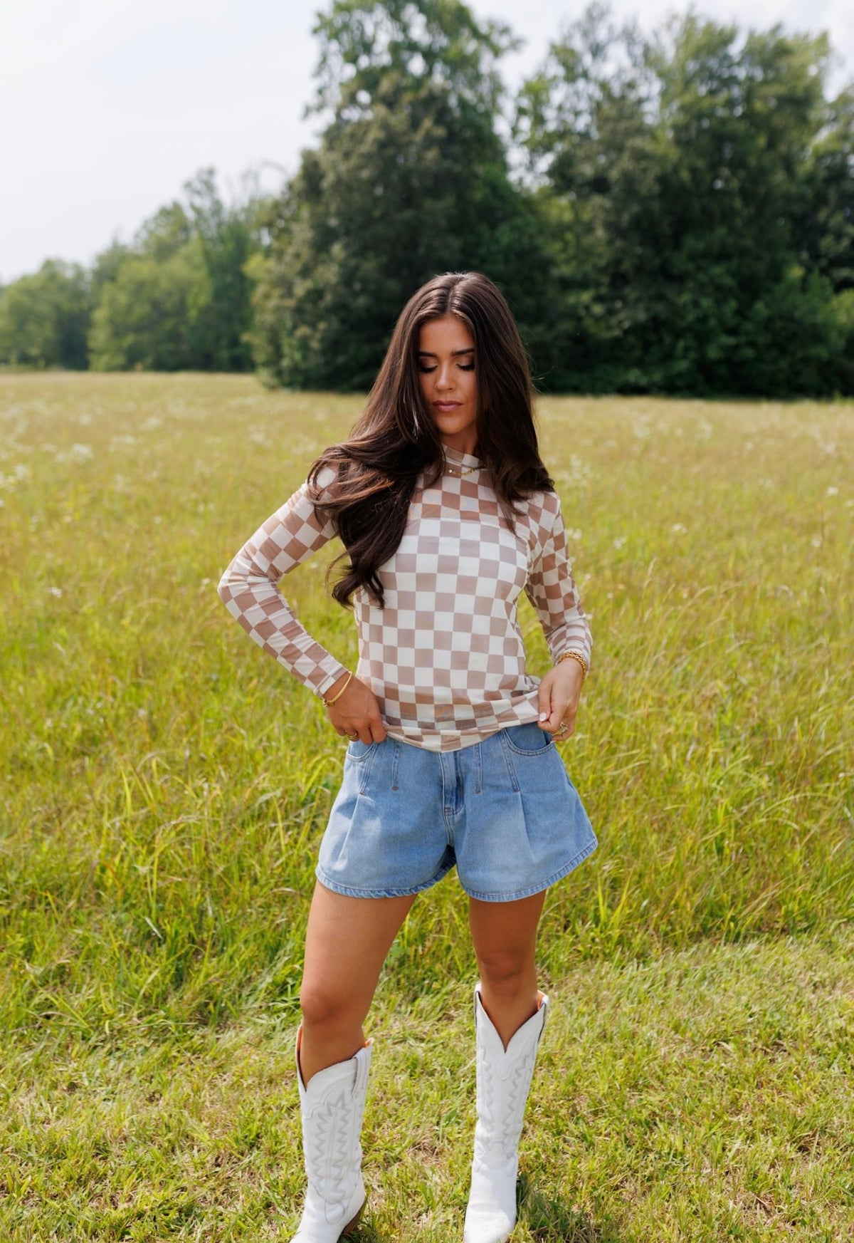 Kids Tan And Cream Checkerboard Sheer Mock Neck Top