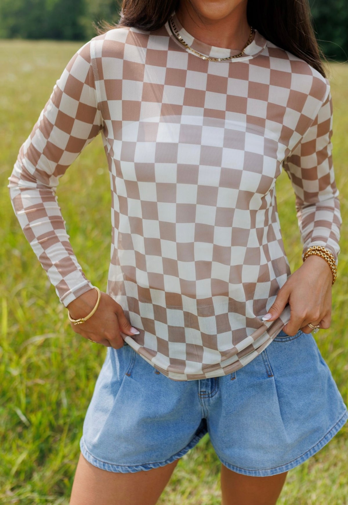 Kids Tan And Cream Checkerboard Sheer Mock Neck Top