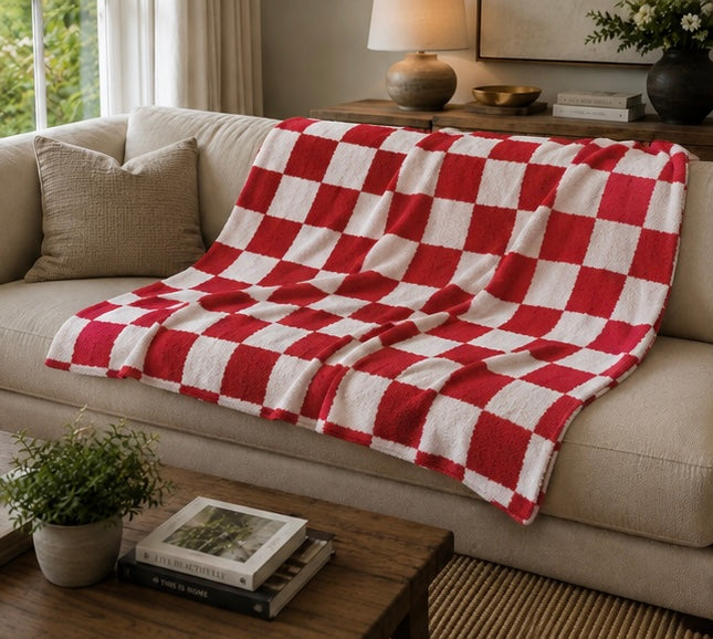 Red and White Checkerboard Throw Blanket