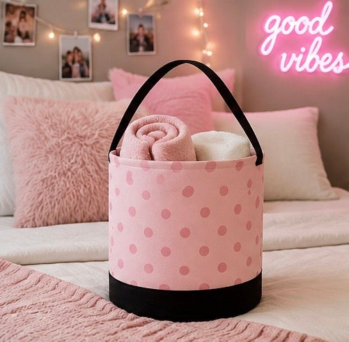 Pink Polka Dot Round Storage Bin