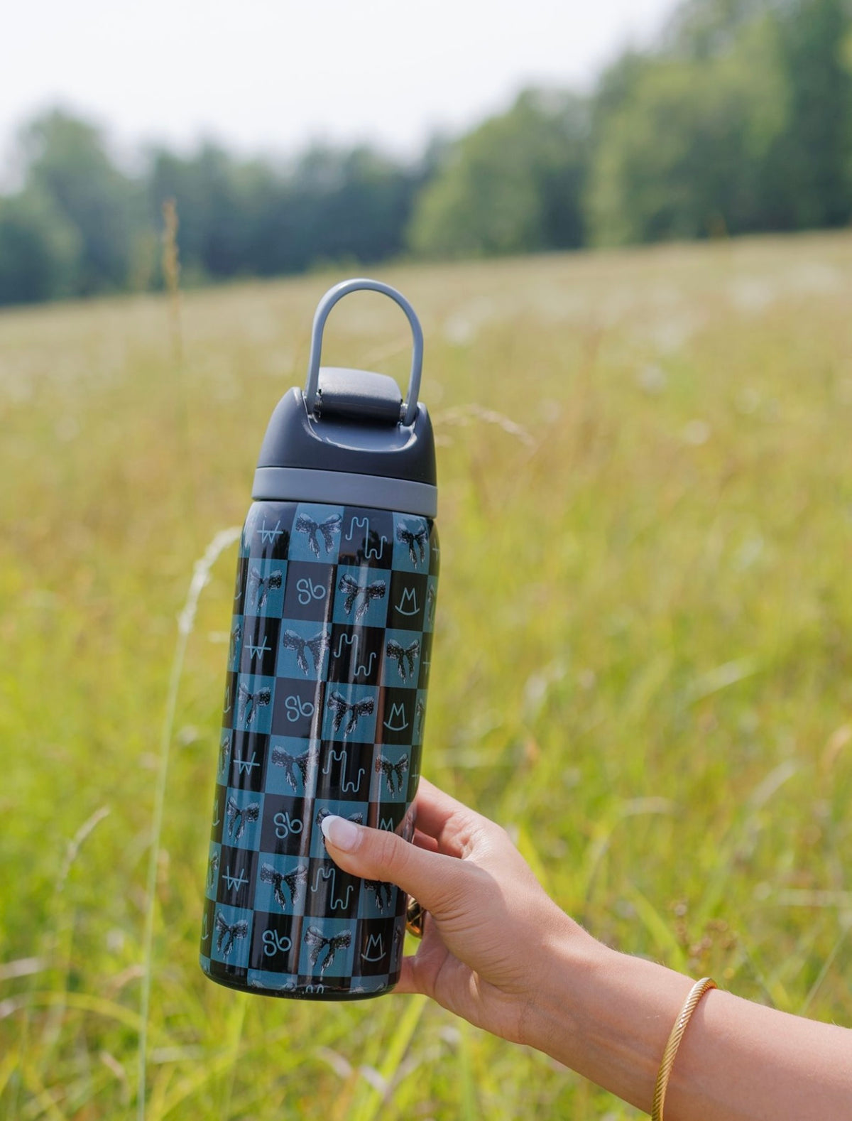 Bow Black Brand Checkerboard Stainless Steel Water Bottle