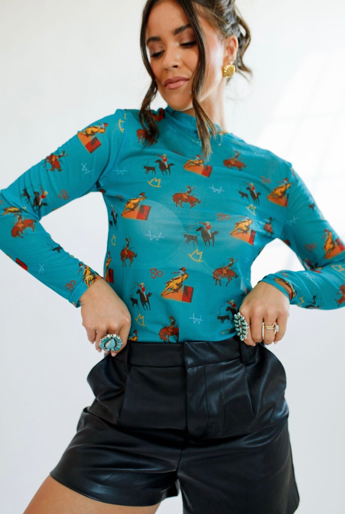 Teal Vintage Cowboy Sheer Mock Neck Top