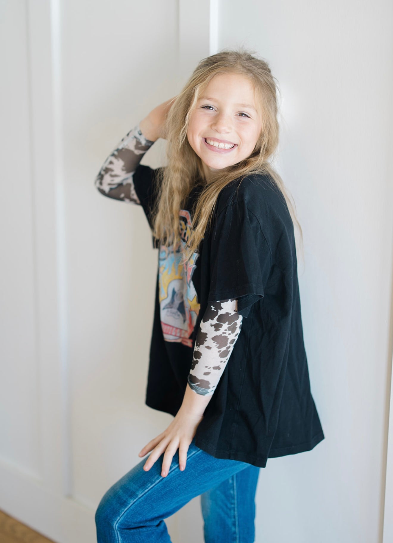 Kids Black Cowhide Sheer Mock Neck Top