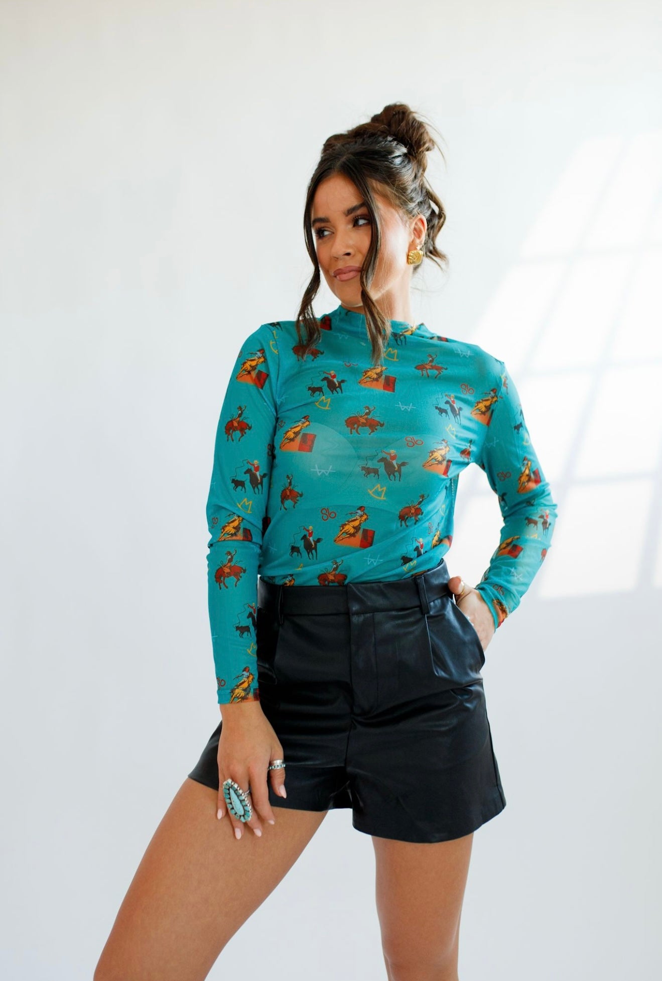 Turquoise Vintage Cowboy Sheer Mock Neck Top