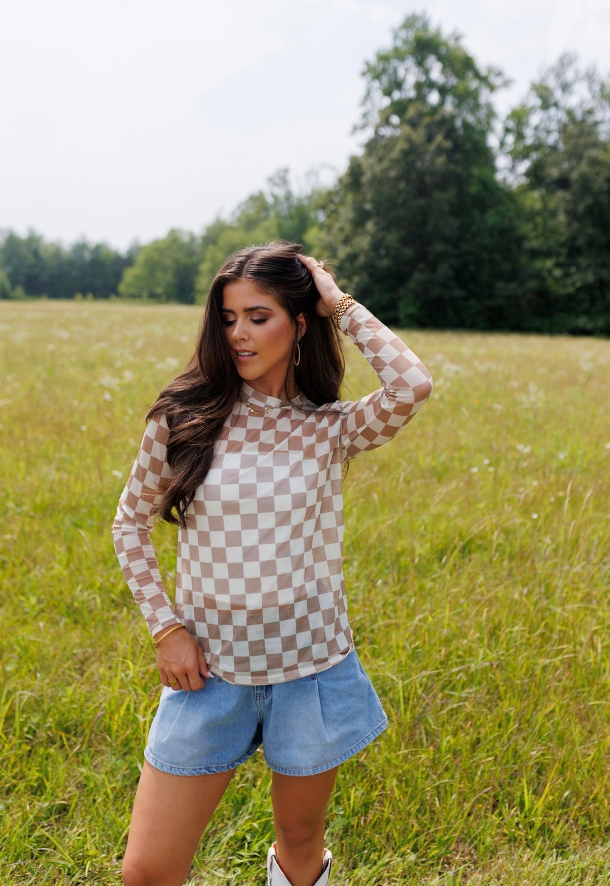 Kids Tan And Cream Checkerboard Sheer Mock Neck Top