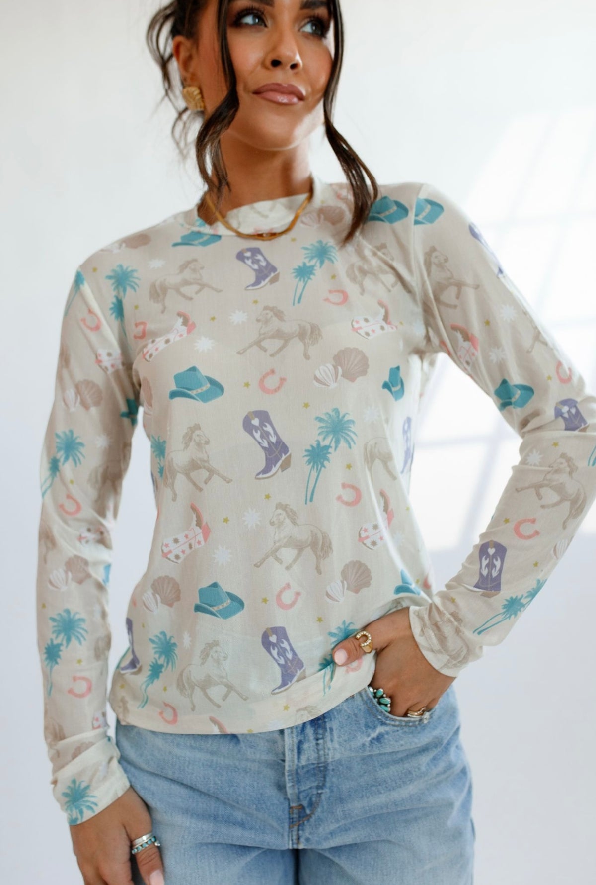 Coastal Cowgirl Sheer Mock Neck Top