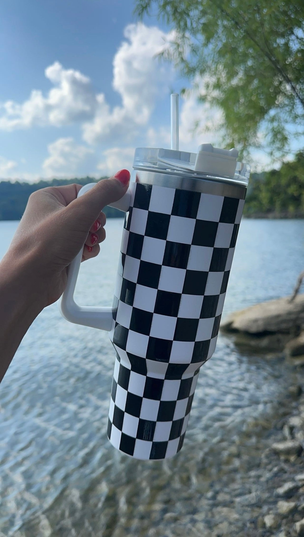 White and Black Checkerboard Tumbler with Handle