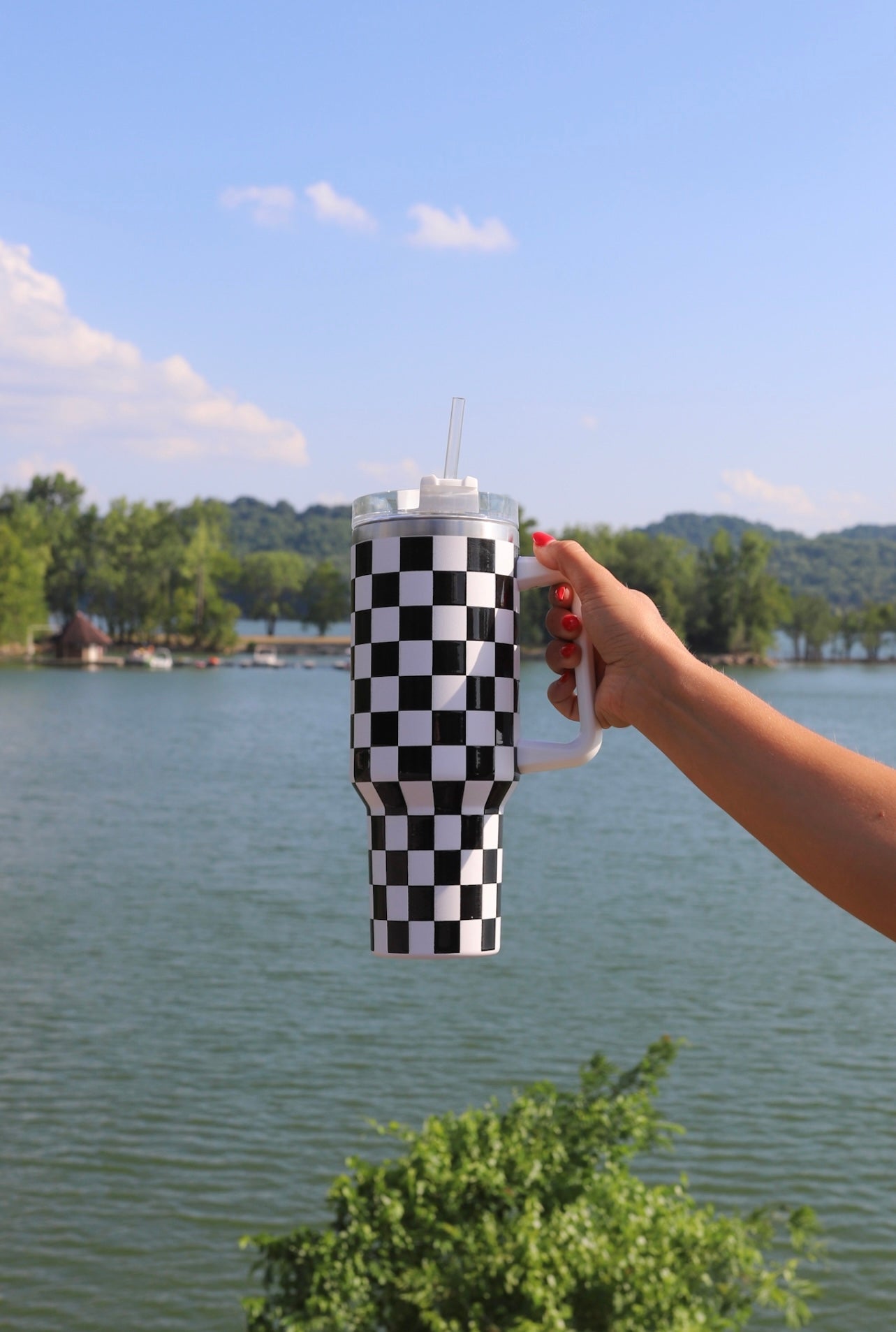White and Black Checkerboard Tumbler with Handle