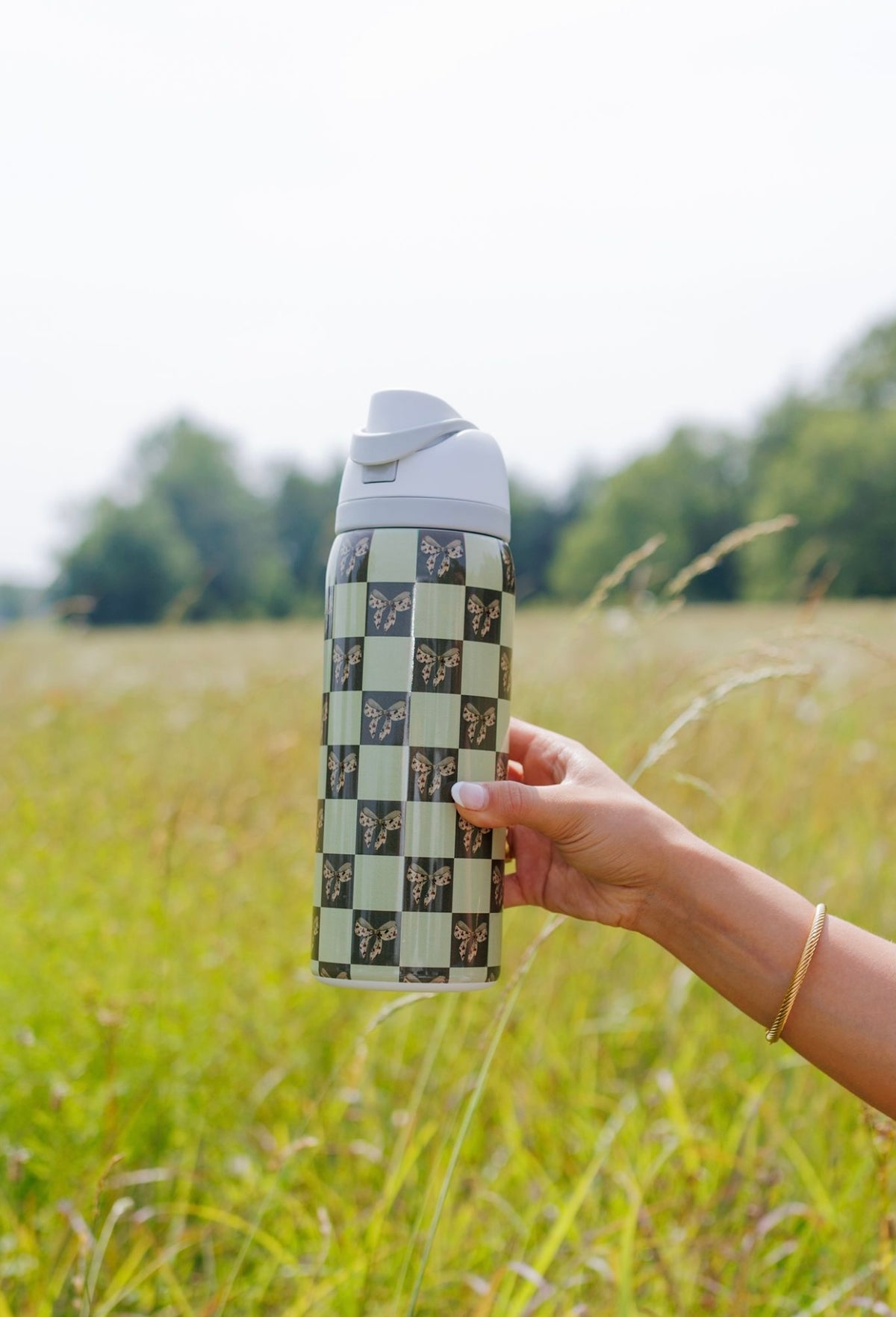 Beige Bow Checkerboard Stainless Steel Water Bottle