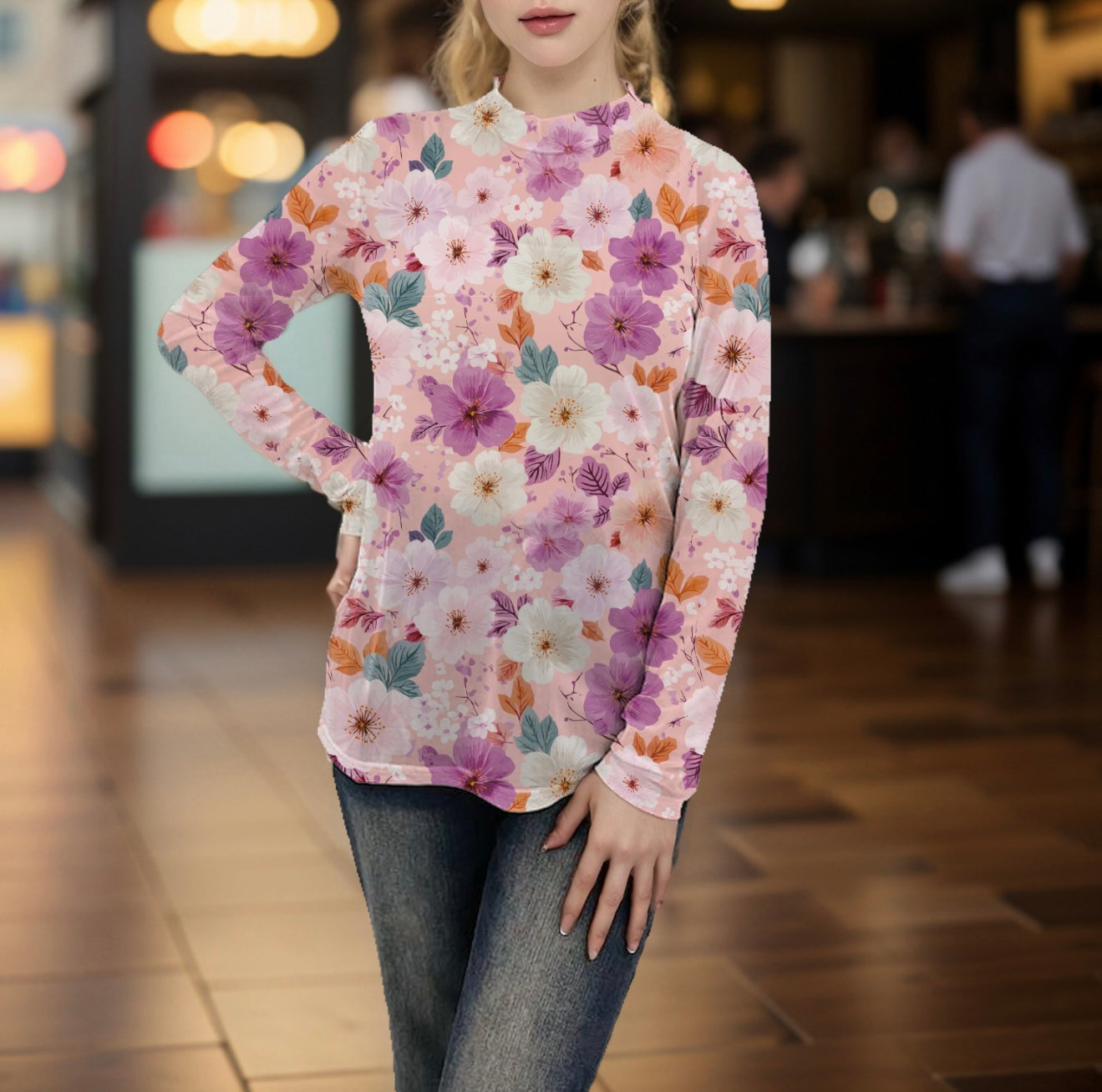 Kids Scarlet Floral Sheer Mock Neck Top