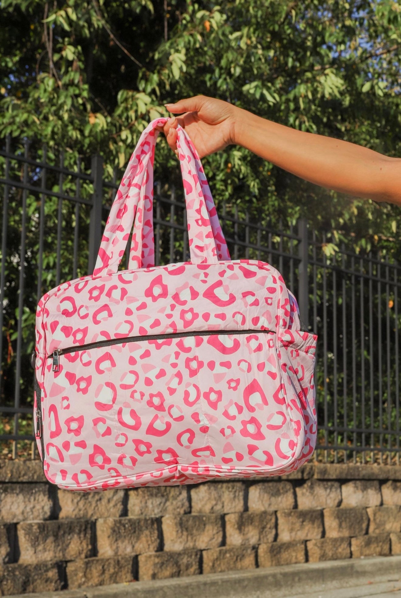 Puffer Duffel Bag in Pink Leopard