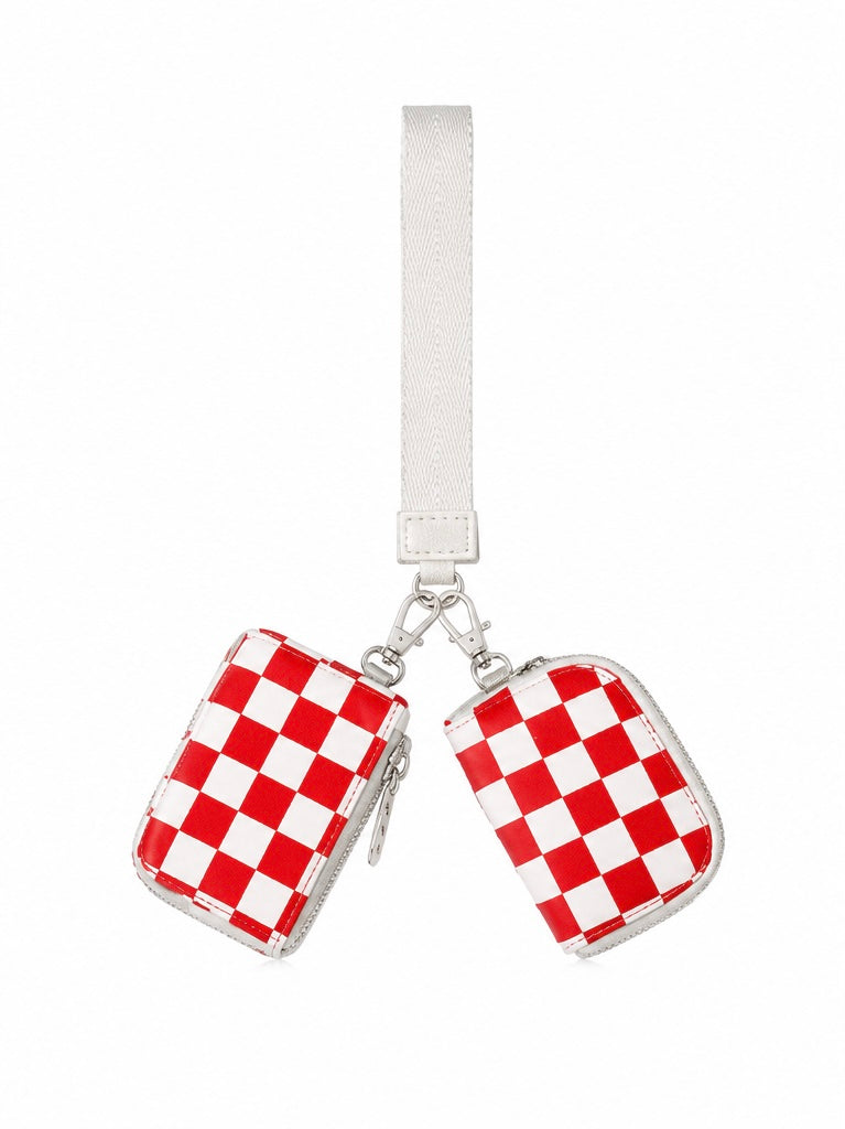 Red &amp; White Checkerboard Dual Pouch Wristlet
