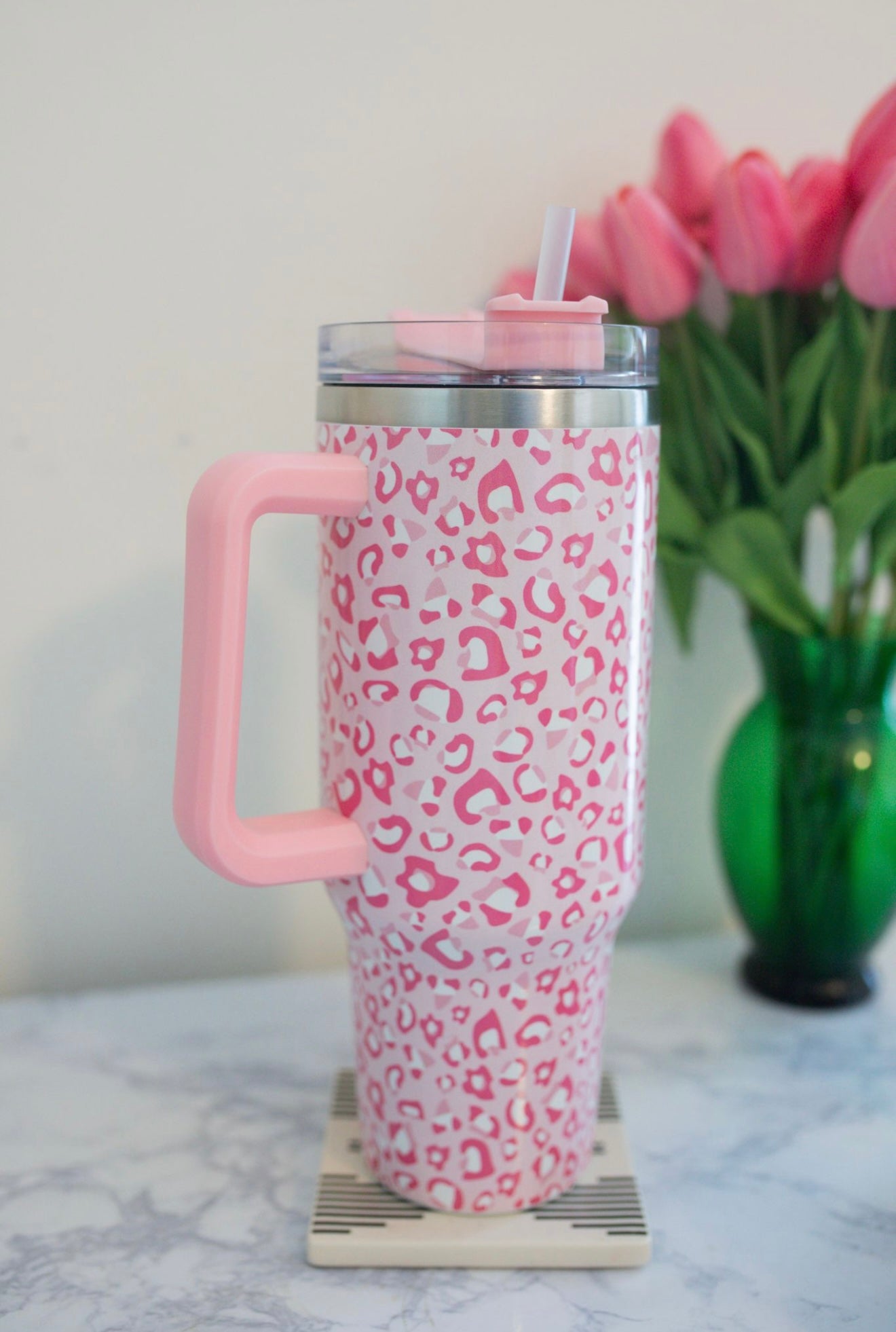 Pink Leopard Tumbler with Handle