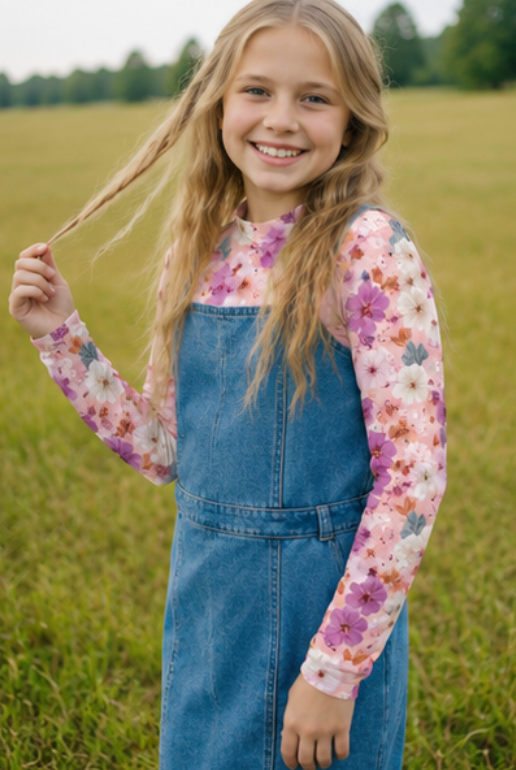 Kids Scarlet Floral Sheer Mock Neck Top