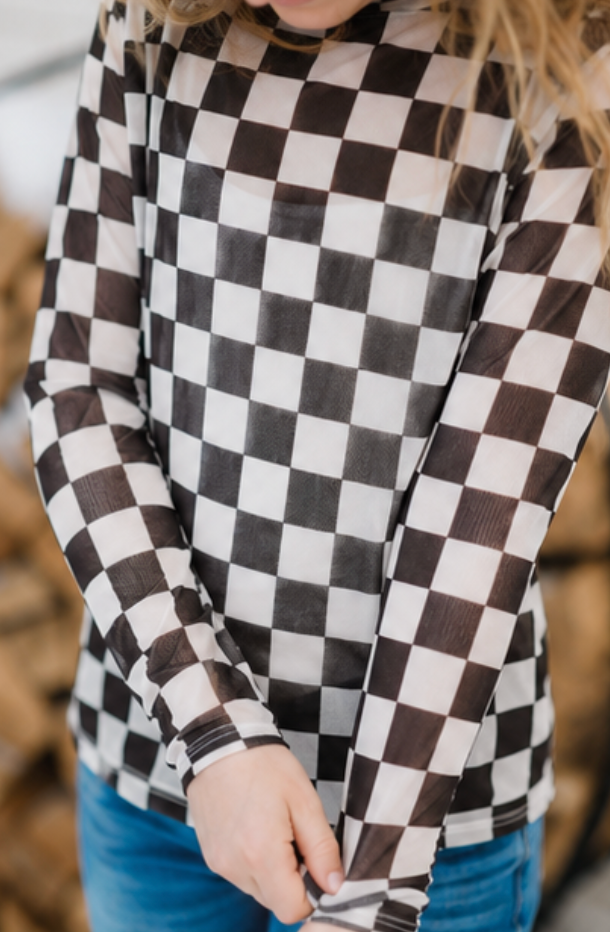 Kids Black Checkerboard Mesh Top