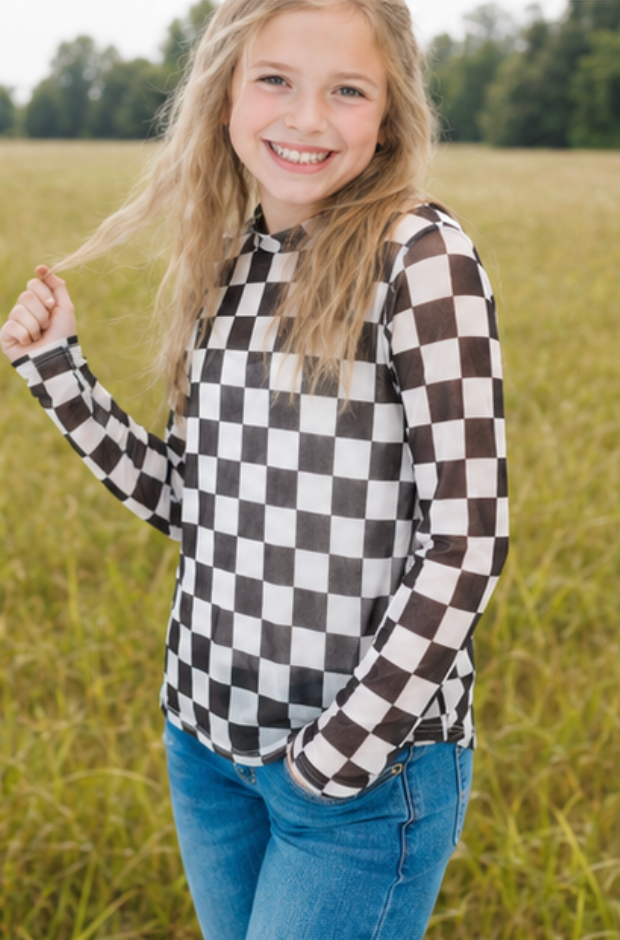Kids Black Checkerboard Mesh Top