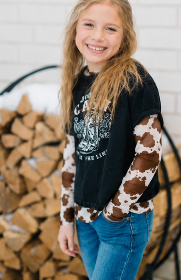 Kids Brown Cowhide Sheer Mock Neck Top