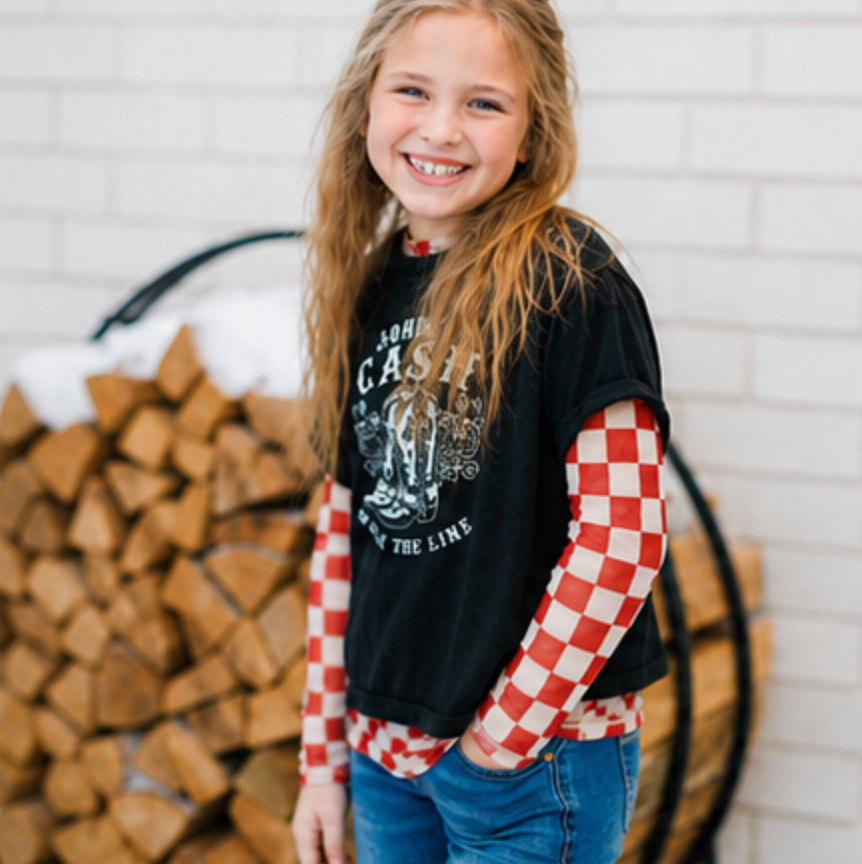 Kids Red Checkerboard Mesh Top