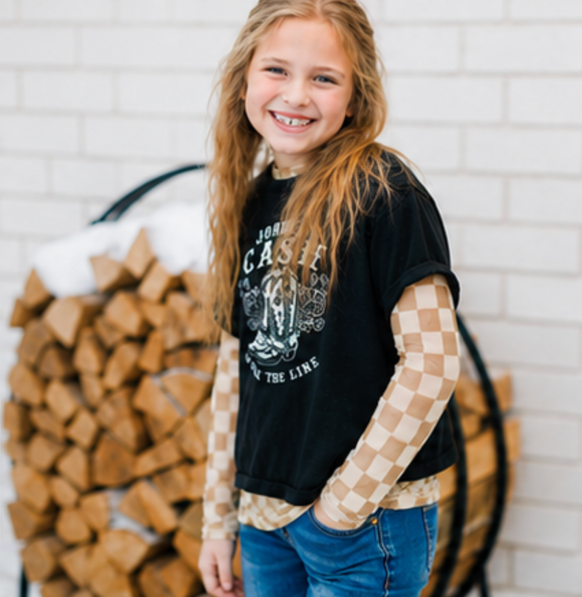 Kids Tan And Cream Checkerboard Sheer Mock Neck Top