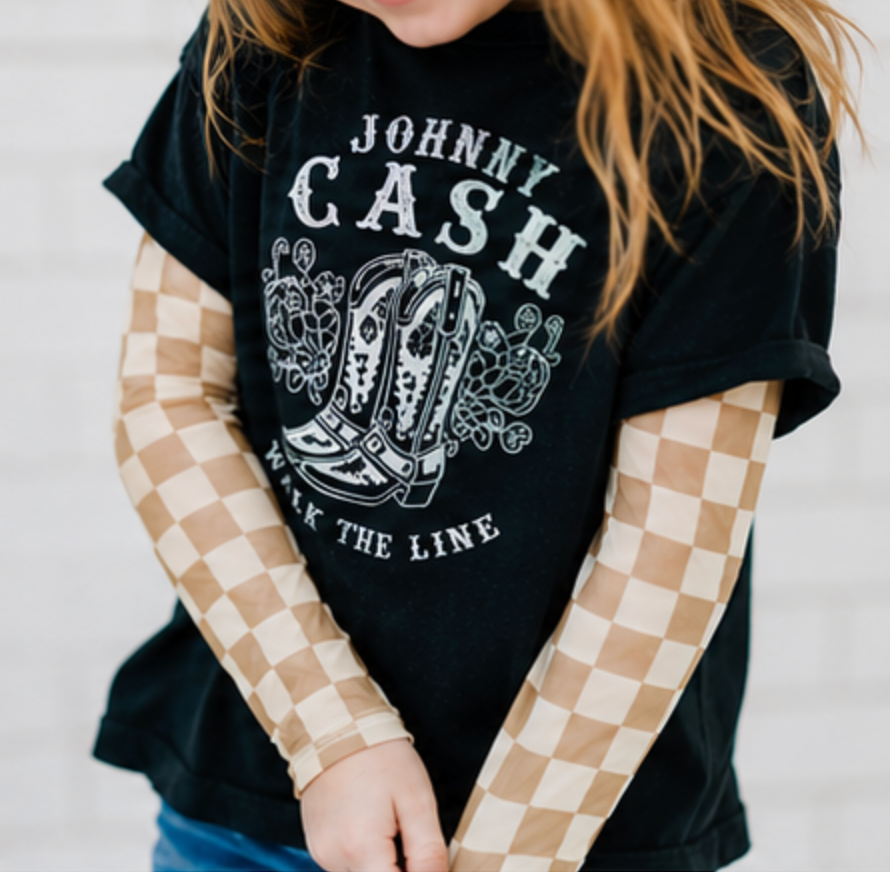 Kids Tan And Cream Checkerboard Sheer Mock Neck Top