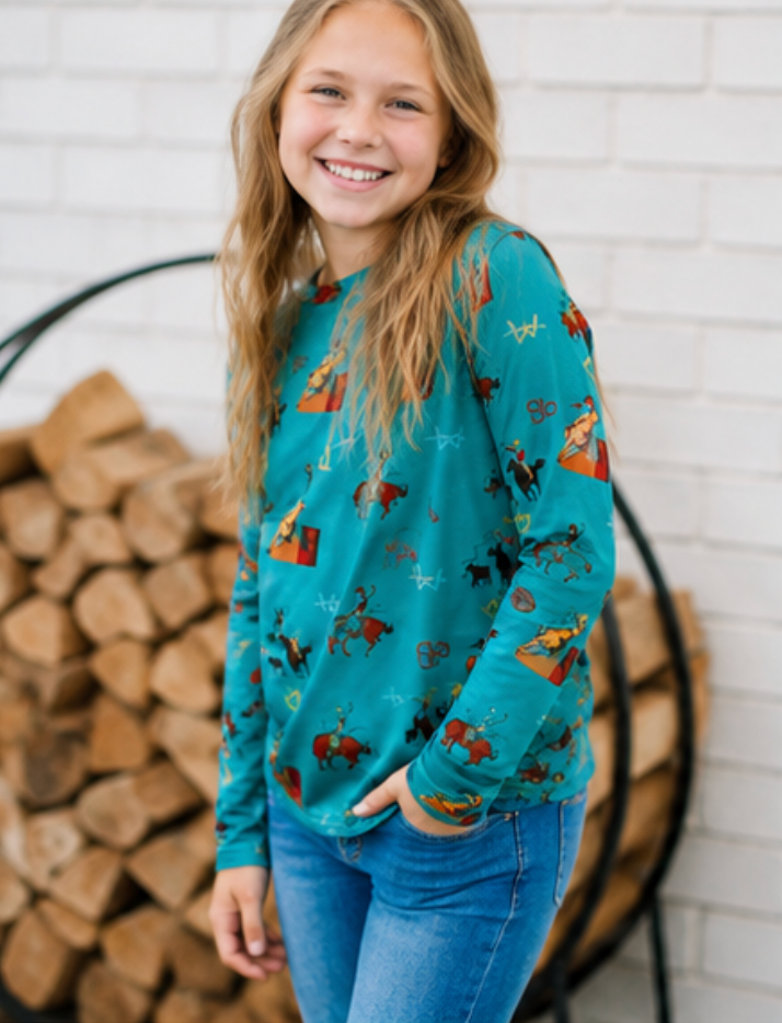 Kids Turquoise Vintage Cowboy Sheer Mock Neck Top