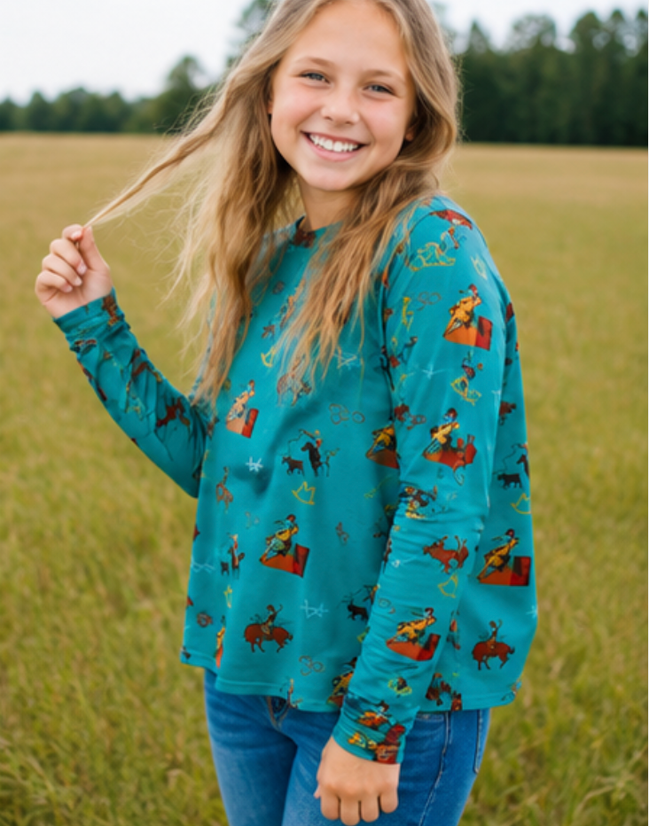 Kids Turquoise Vintage Cowboy Sheer Mock Neck Top