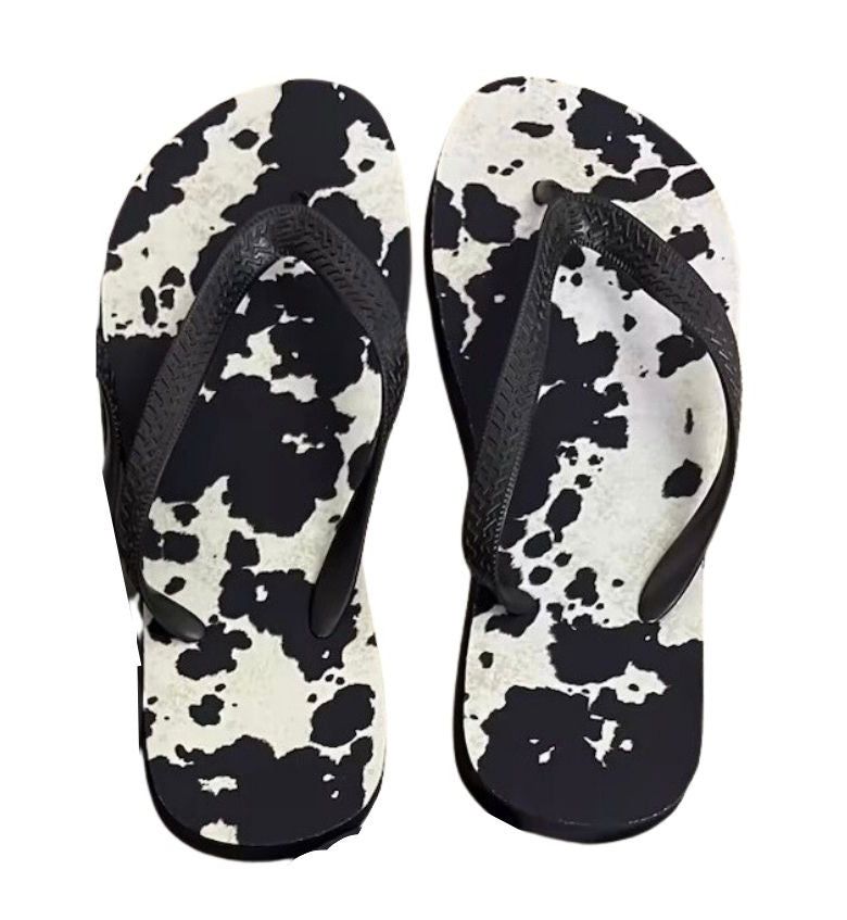 Black Cowhide Flip Flops