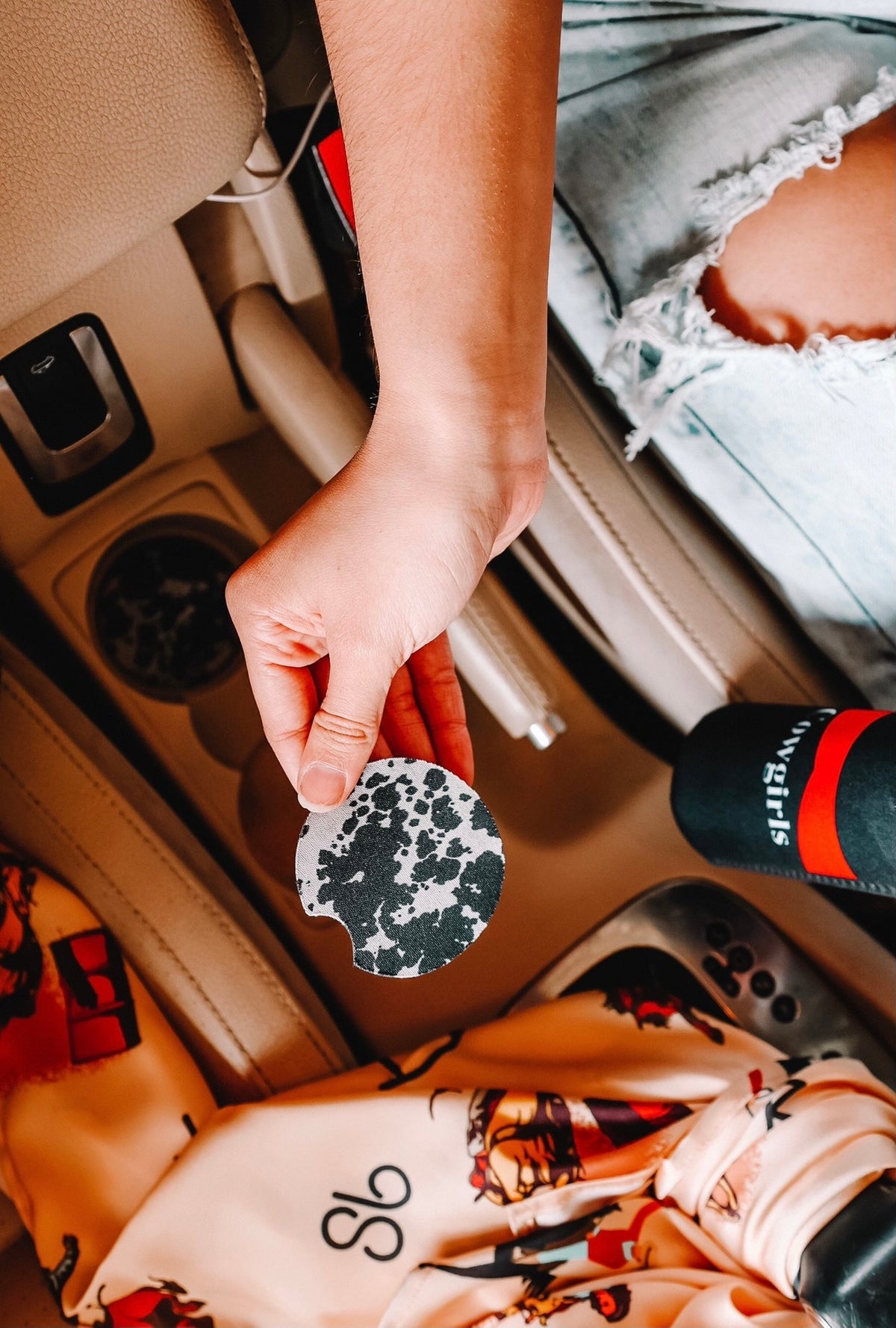 Cowgirl Babe Black Cow Print Car Coasters 2-Pack