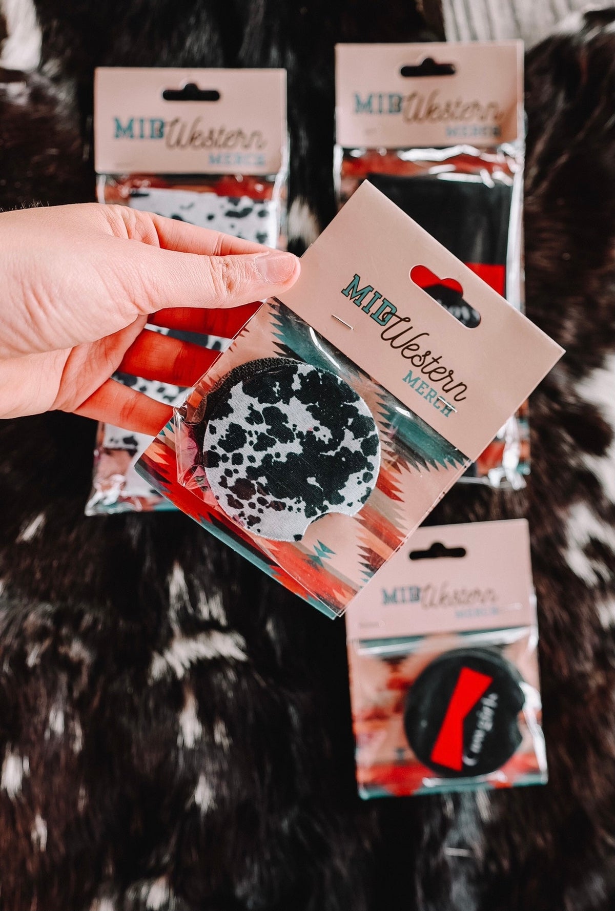 Cowgirl Babe Black Cow Print Car Coasters 2-Pack